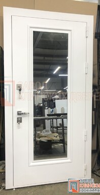 белая уличная дверь с зеркальным стеклопакетом и отделкой порошковым напылением снаружи